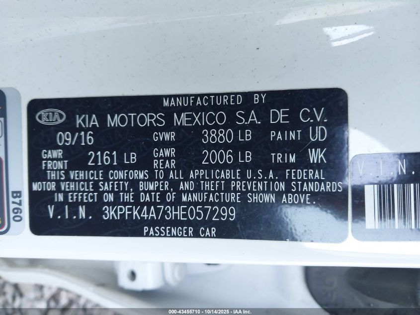 2017 Kia Forte Lx VIN: 3KPFK4A73HE057299 Lot: 43455710