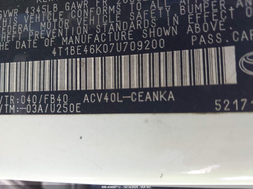 2007 Toyota Camry Le VIN: 4T1BE46K07U709200 Lot: 43455712