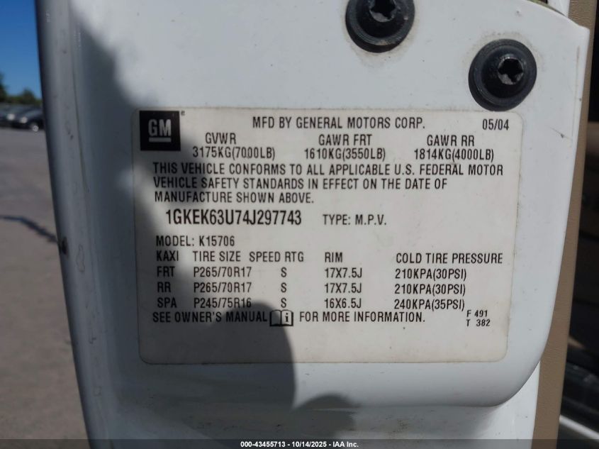 2004 GMC Yukon Denali VIN: 1GKEK63U74J297743 Lot: 43455713