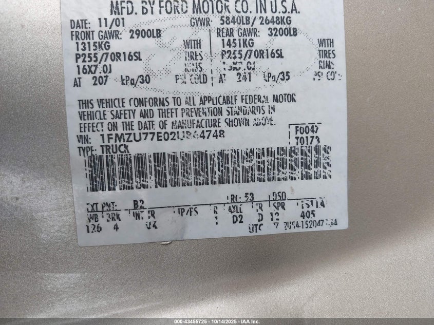 2002 Ford Explorer Sport Trac VIN: 1FMZU77E02UB64748 Lot: 43455725