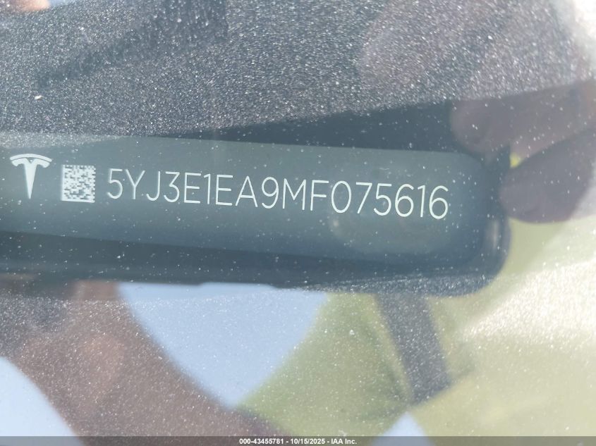 2021 Tesla Model 3 Standard Range Plus Rear-Wheel Drive VIN: 5YJ3E1EA9MF075616 Lot: 43455781