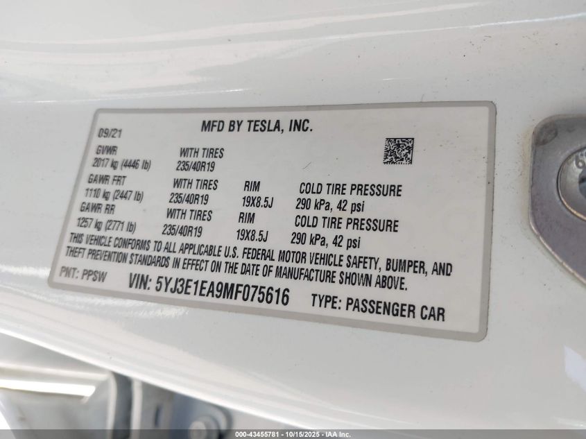 2021 Tesla Model 3 Standard Range Plus Rear-Wheel Drive VIN: 5YJ3E1EA9MF075616 Lot: 43455781