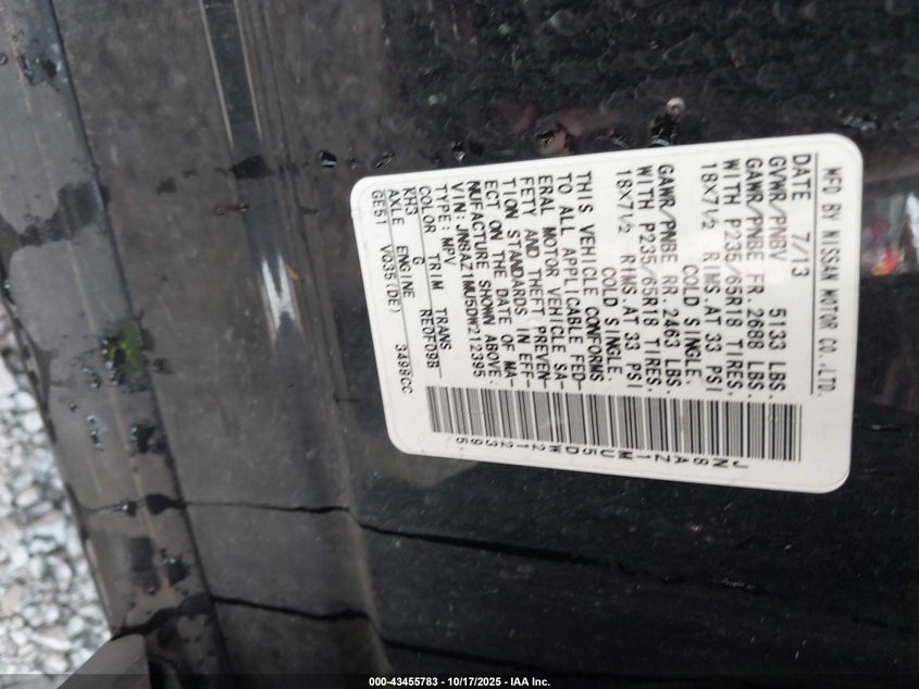 2013 NISSAN MURANO SV JN8AZ1MU5DW212395