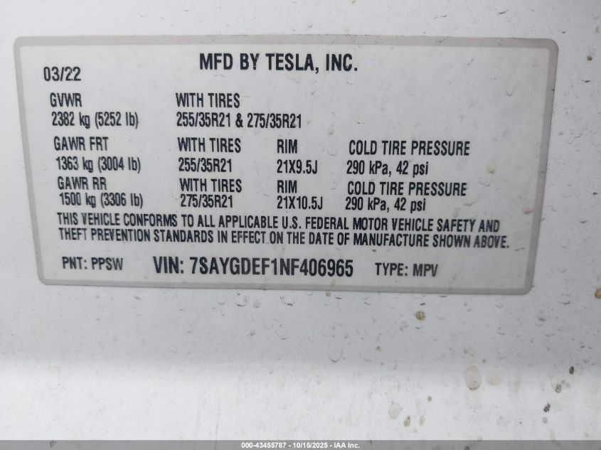 2022 Tesla Model Y Performance Dual Motor All-Wheel Drive VIN: 7SAYGDEF1NF406965 Lot: 43455787