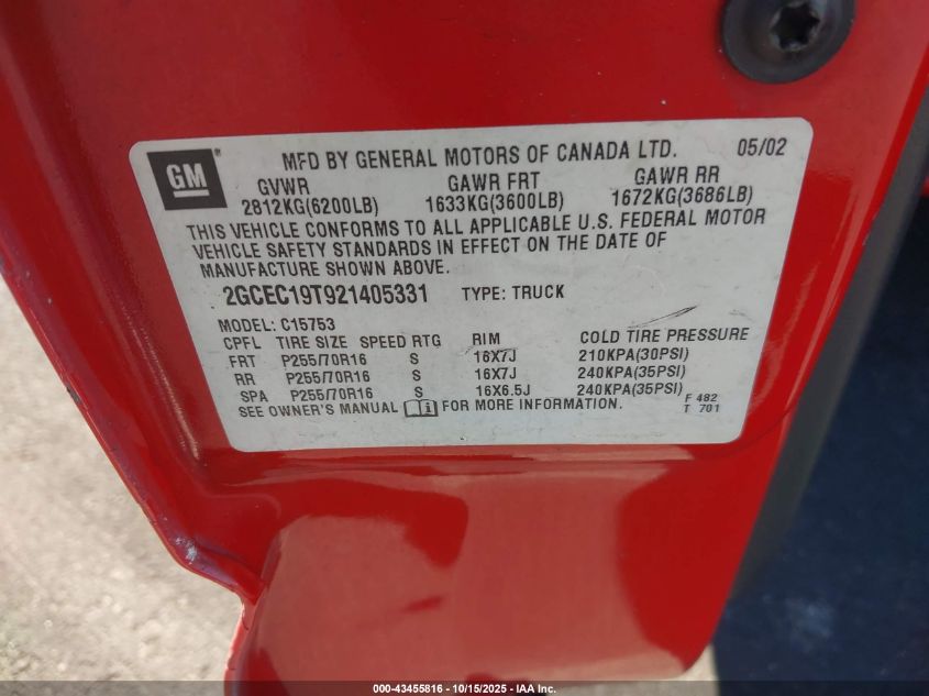 2002 Chevrolet Silverado 1500 Ls VIN: 2GCEC19T921405331 Lot: 43455816