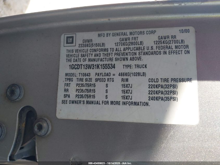 2001 Chevrolet S-10 Ls VIN: 1GCDT13W31K155534 Lot: 43455823