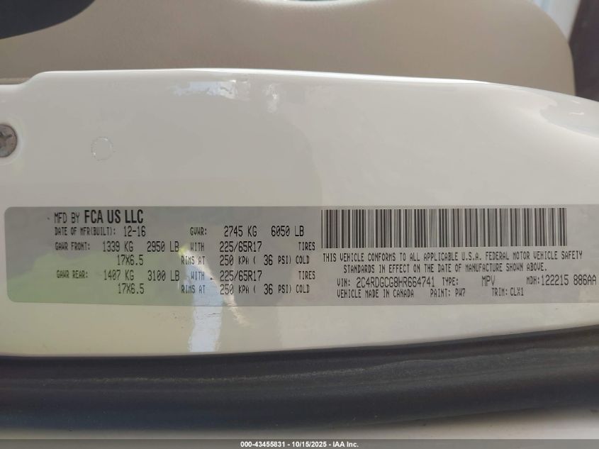 2017 Dodge Grand Caravan Sxt VIN: 2C4RDGCG8HR664741 Lot: 43455831