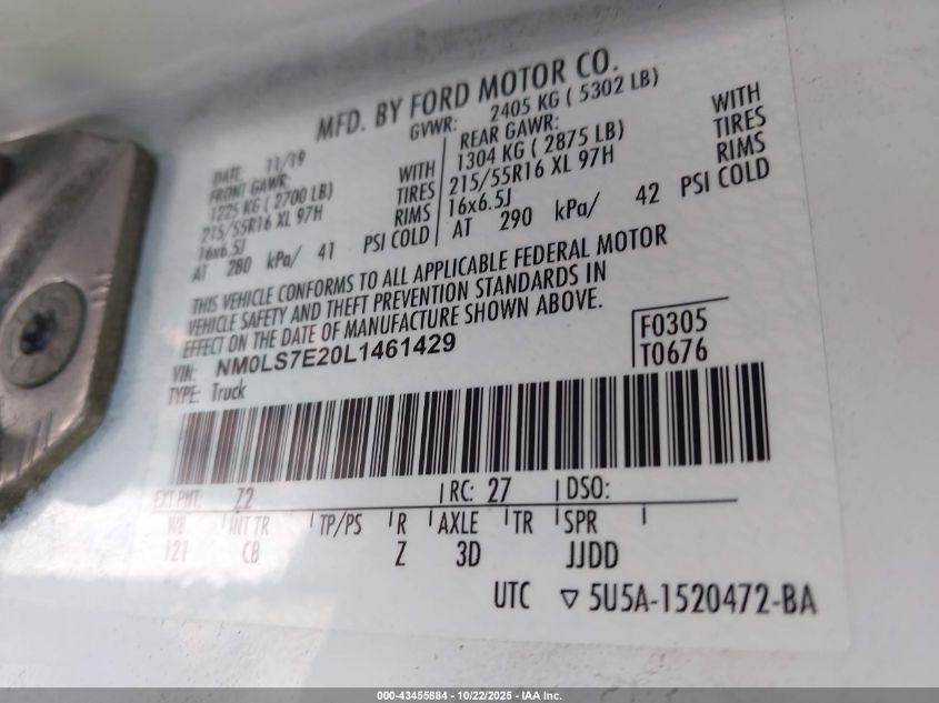 2020 Ford Transit Connect Xl VIN: NM0LS7E20L1461429 Lot: 43455884