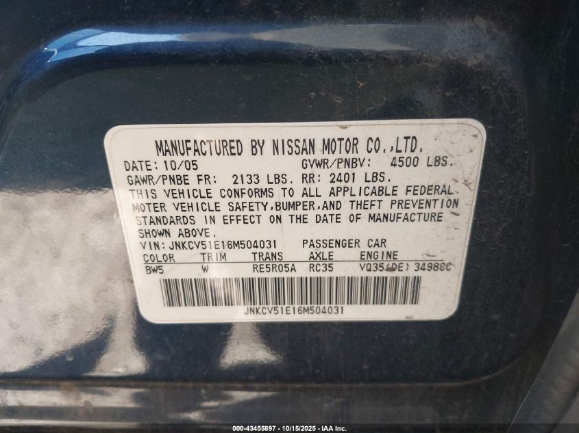 2006 Infiniti G35 VIN: JNKCV51E16M504031 Lot: 43455897