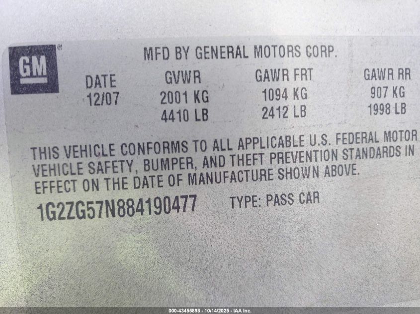 2008 Pontiac G6 VIN: 1G2ZG57N884190477 Lot: 43455898