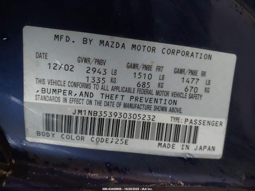 2003 Mazda Mx-5 Miata Cloth/Ls/Se/Shinsen VIN: JM1NB353930305232 Lot: 43455958