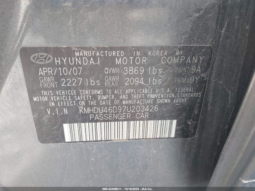 2007 Hyundai Elantra Gls/Limited/Se VIN: KMHDU46D97U203426 Lot: 43456011