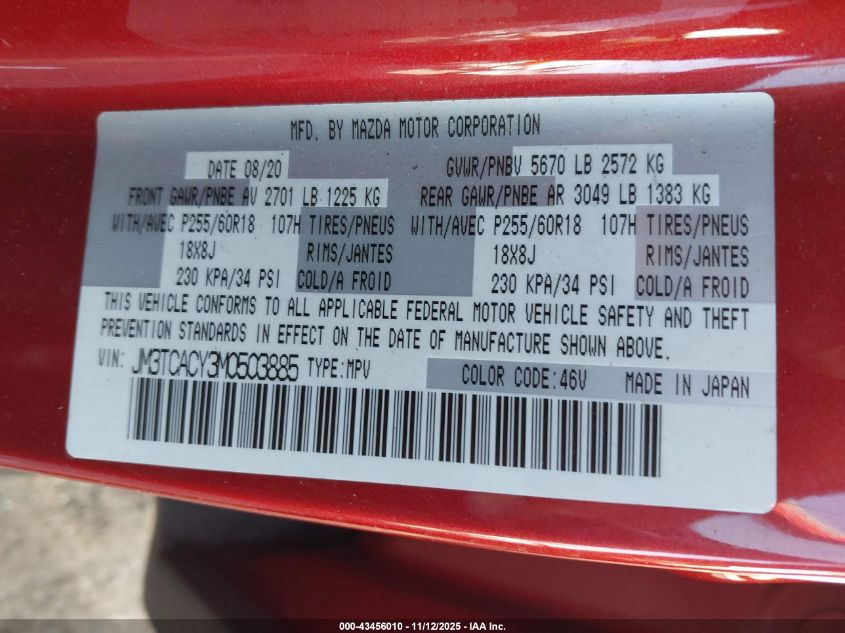 2021 Mazda Cx-9 Touring VIN: JM3TCACY3M0503885 Lot: 43456010