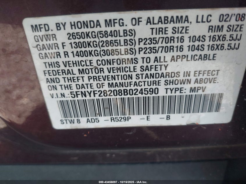 5FNYF28208B024590 2008 HONDA PILOT photo no. 9