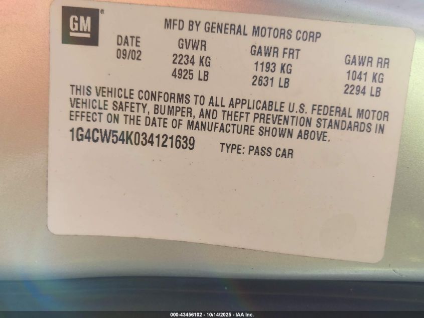 2003 Buick Park Avenue VIN: 1G4CW54K034121639 Lot: 43456102