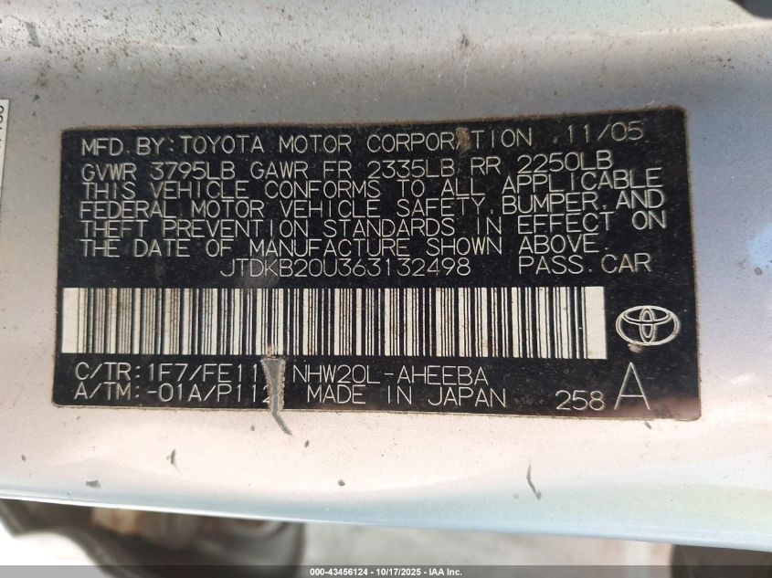 2006 Toyota Prius VIN: JTDKB20U363132498 Lot: 43456124