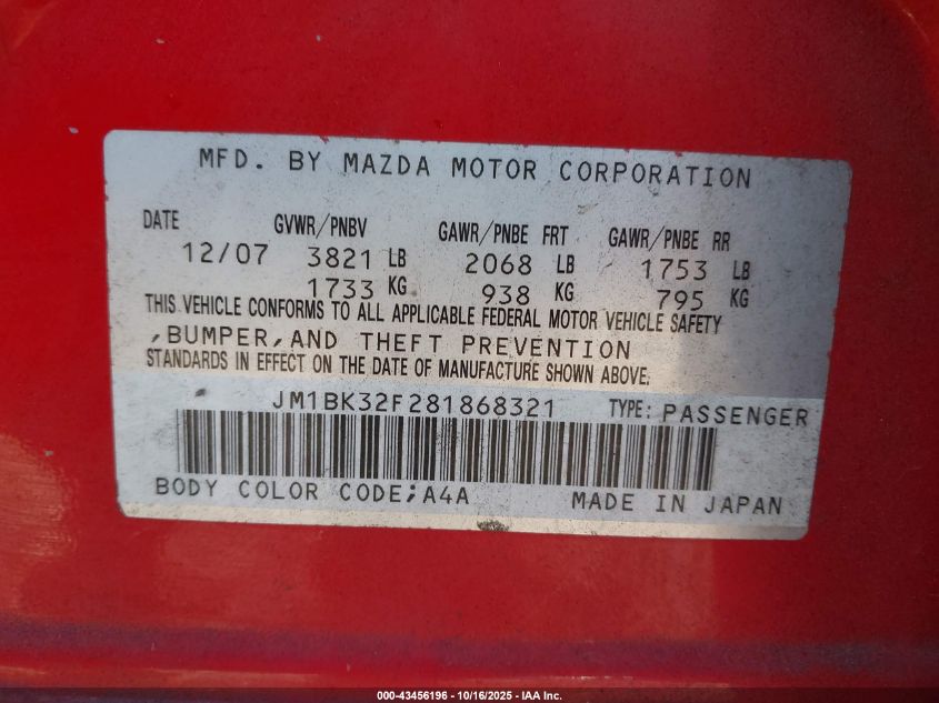2008 Mazda Mazda3 I VIN: JM1BK32F281868321 Lot: 43456196