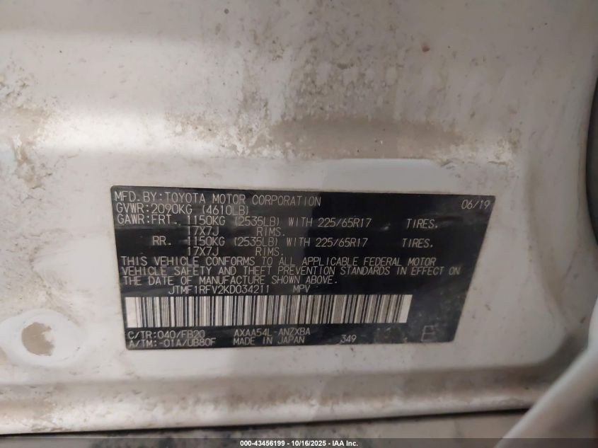 2019 Toyota Rav4 Le VIN: JTMF1RFV2KD034211 Lot: 43456199