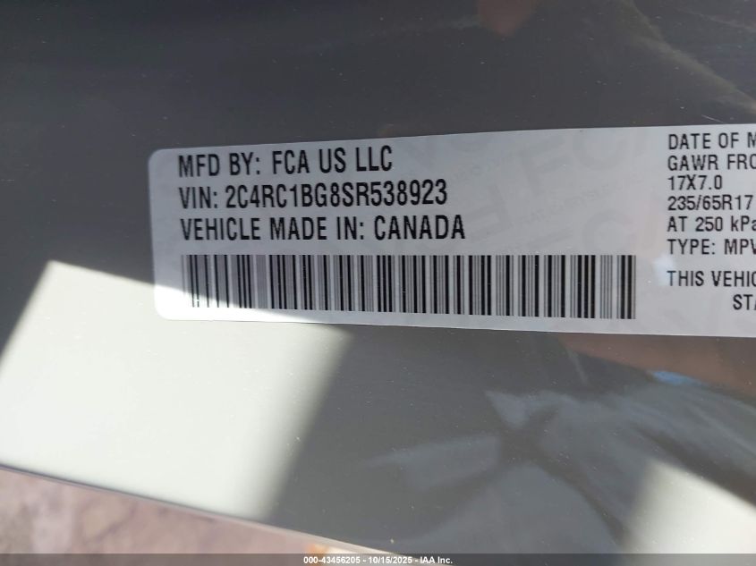 2025 Chrysler Pacifica Select VIN: 2C4RC1BG8SR538923 Lot: 43456205