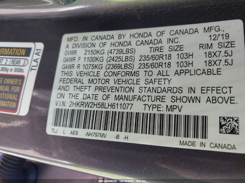 2020 Honda Cr-V Awd Ex VIN: 2HKRW2H58LH611077 Lot: 43456230