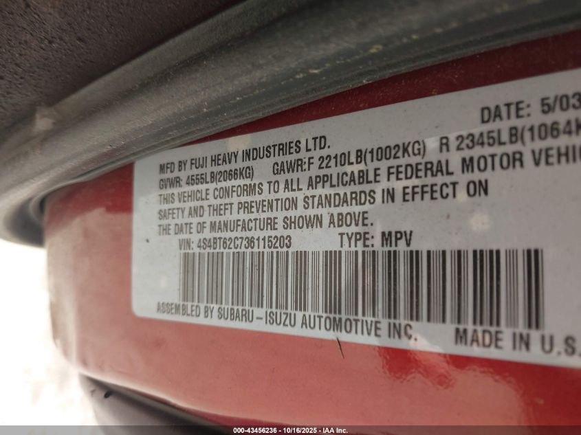 2003 Subaru Baja Sport VIN: 4S4BT62C736115203 Lot: 43456236