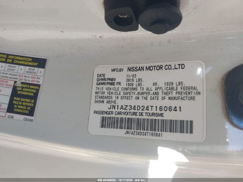 2004 Nissan 350Z Touring VIN: JN1AZ34D24T160641 Lot: 43456258