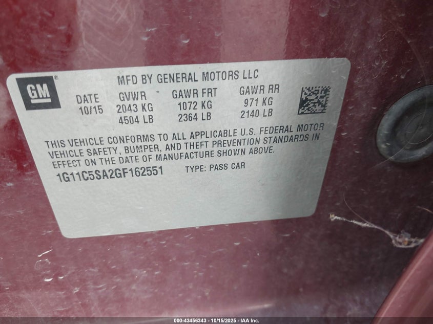 2016 CHEVROLET MALIBU LIMITED LT 1G11C5SA2GF162551