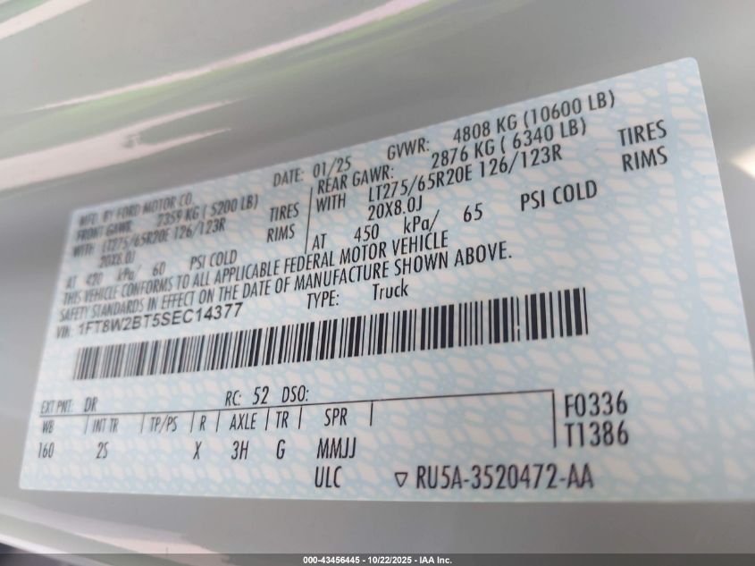 2025 Ford F-250 Xlt VIN: 1FT8W2BT5SEC14377 Lot: 43456445
