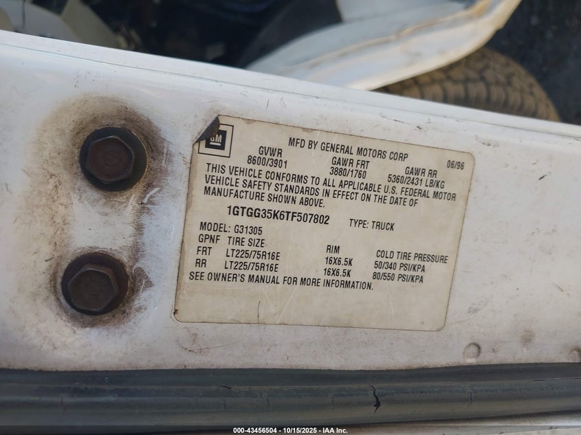1996 GMC Vandura G3500 VIN: 1GTGG35K6TF507802 Lot: 43456504