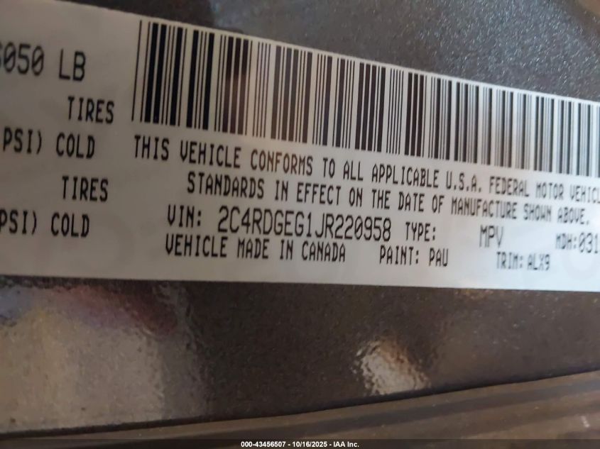 2018 Dodge Grand Caravan Gt VIN: 2C4RDGEG1JR220958 Lot: 43456507