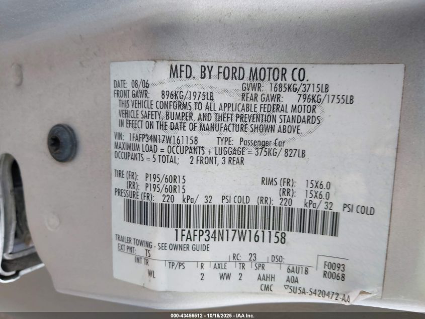 2007 Ford Focus S/Se/Ses VIN: 1FAFP34N17W161158 Lot: 43456512