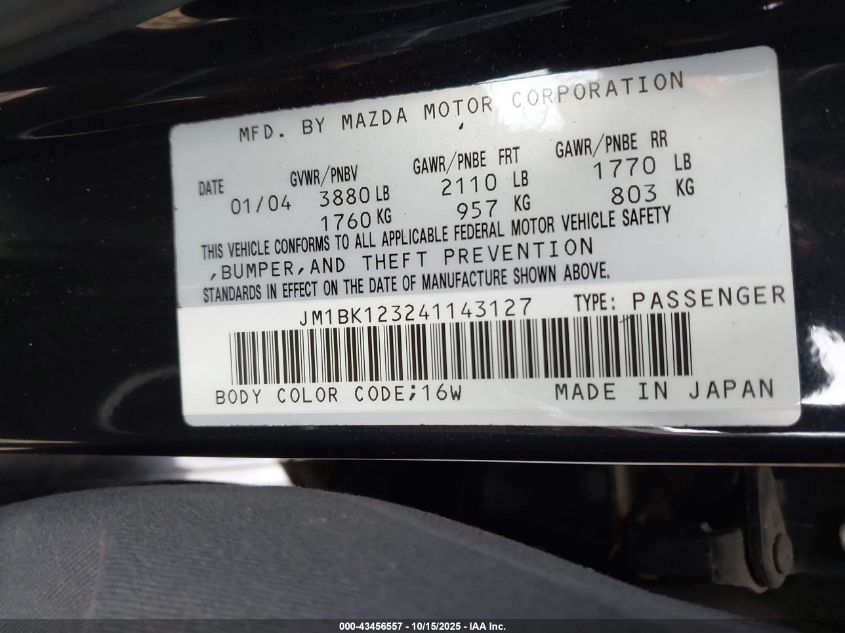 2004 Mazda Mazda3 S VIN: JM1BK123241143127 Lot: 43456557