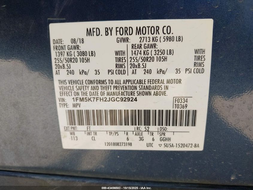 2018 Ford Explorer Limited VIN: 1FM5K7FH2JGC92924 Lot: 43456583