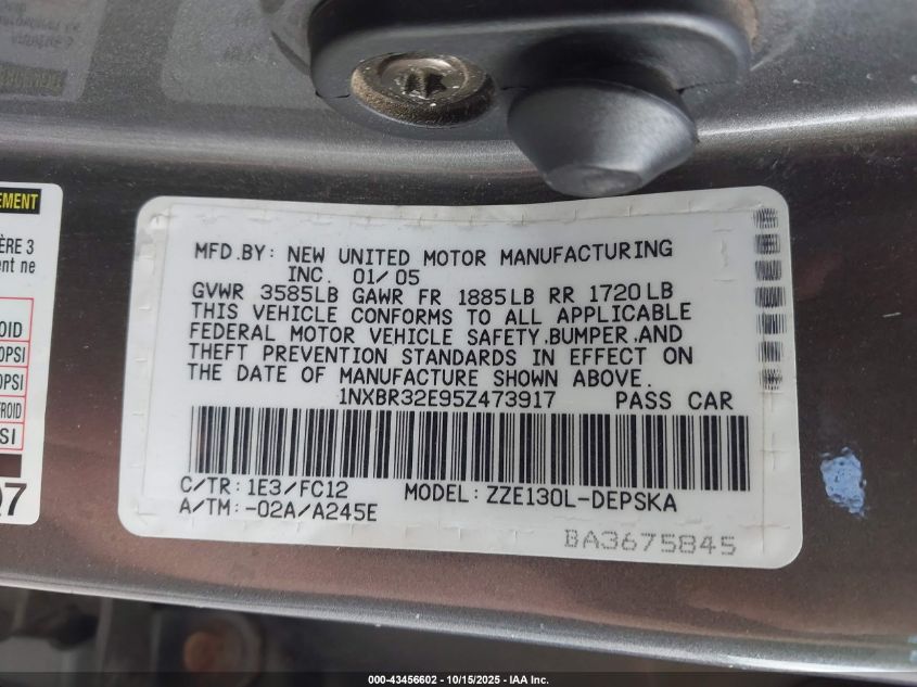 2005 Toyota Corolla S VIN: 1NXBR32E95Z473917 Lot: 43456602