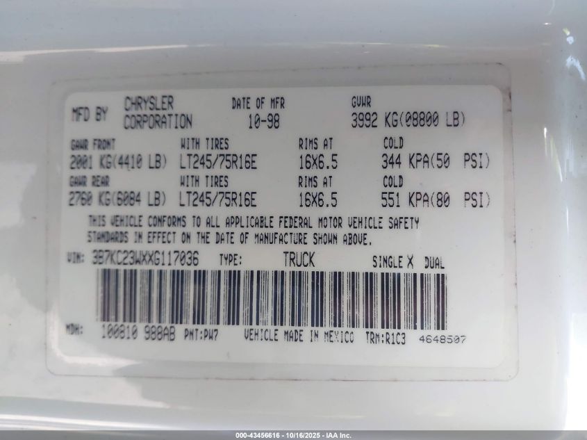 1999 Dodge Ram 2500 St VIN: 3B7KC23WXXG117036 Lot: 43456616