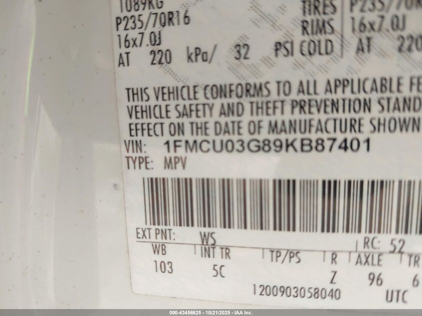 2009 Ford Escape Xlt VIN: 1FMCU03G89KB87401 Lot: 43456625