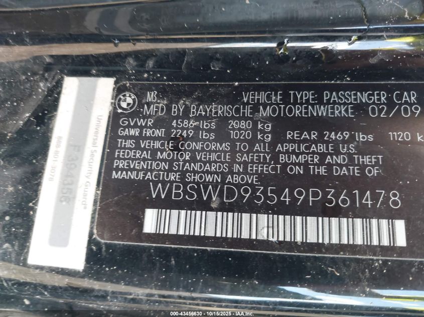 2009 BMW M3 VIN: WBSWD93549P361478 Lot: 43456630