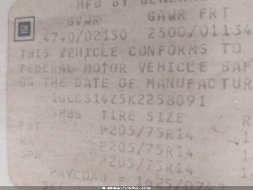 1989 Chevrolet S Truck S10 VIN: 1GCCS14Z5K2258091 Lot: 43456647