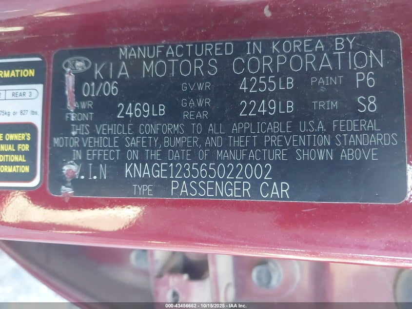 2006 Kia Optima Ex (New)/Lx (New) VIN: KNAGE123565022002 Lot: 43456662