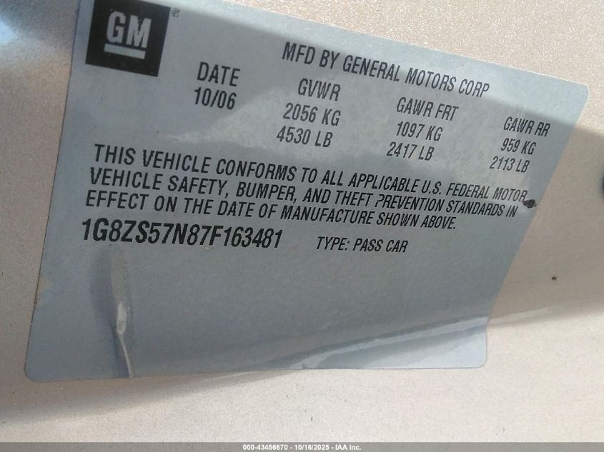 2007 Saturn Aura Xe VIN: 1G8ZS57N87F163481 Lot: 43456670