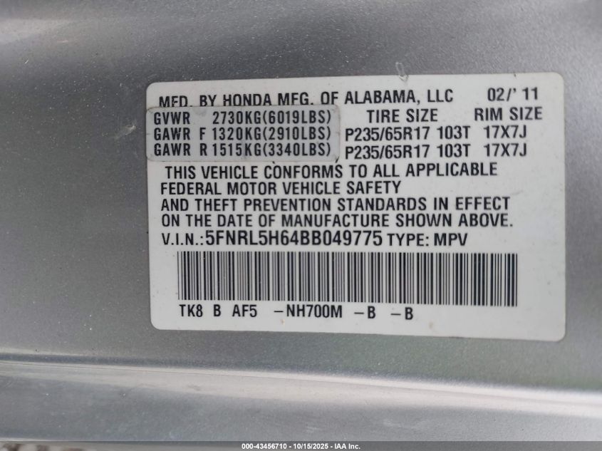 2011 Honda Odyssey Ex-L VIN: 5FNRL5H64BB049775 Lot: 43456710