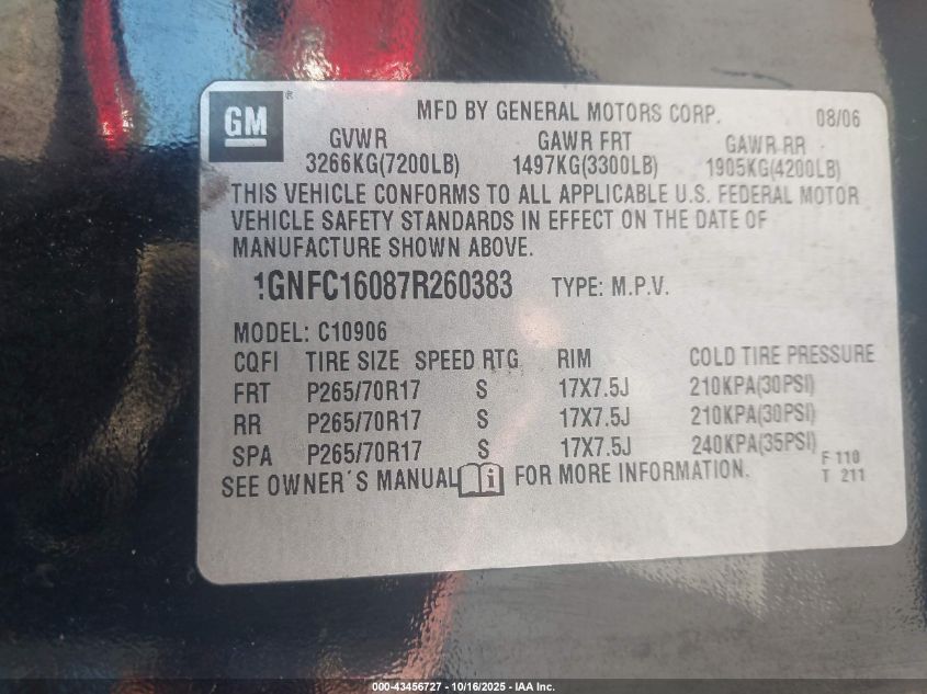 2007 Chevrolet Suburban 1500 Ls VIN: 1GNFC16087R260383 Lot: 43456727