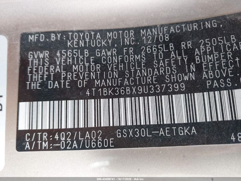 2009 Toyota Avalon Xls VIN: 4T1BK36BX9U337399 Lot: 43456741