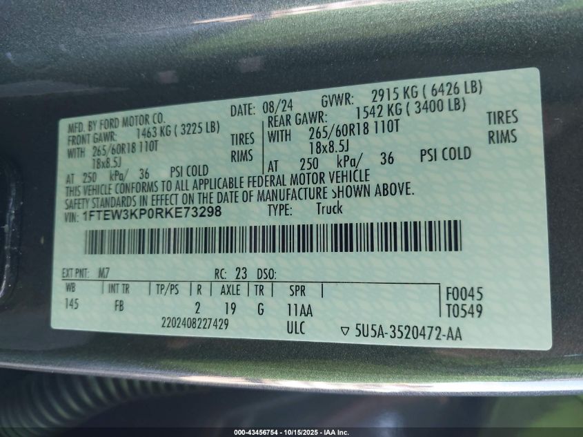 2024 Ford F-150 Xlt VIN: 1FTEW3KP0RKE73298 Lot: 43456754