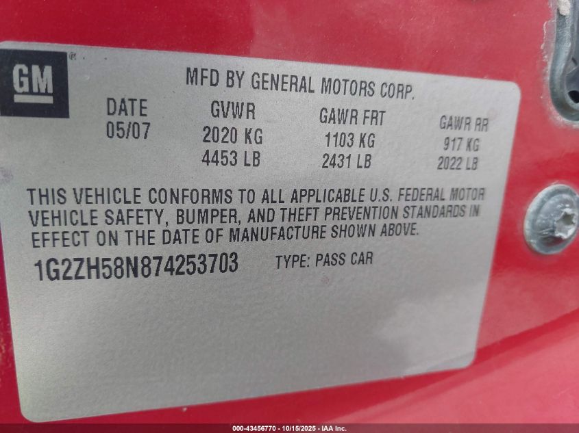 2007 Pontiac G6 Gt VIN: 1G2ZH58N874253703 Lot: 43456770