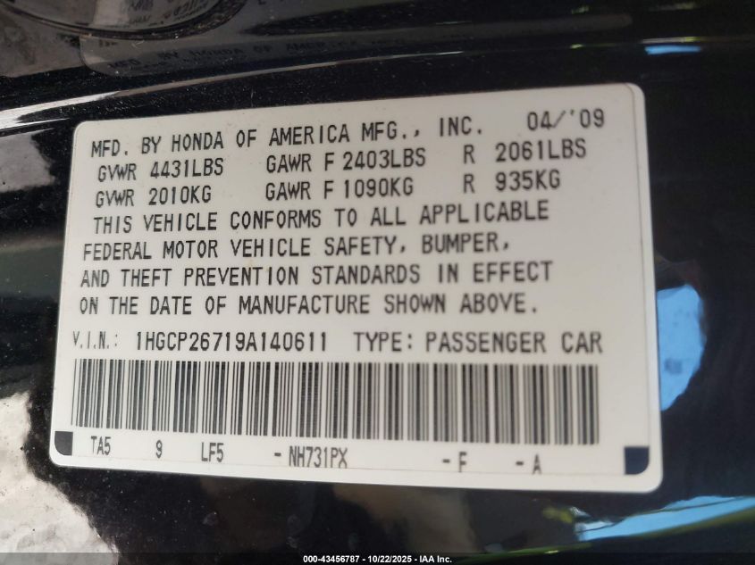 2009 Honda Accord 2.4 Ex VIN: 1HGCP26719A140611 Lot: 43456787