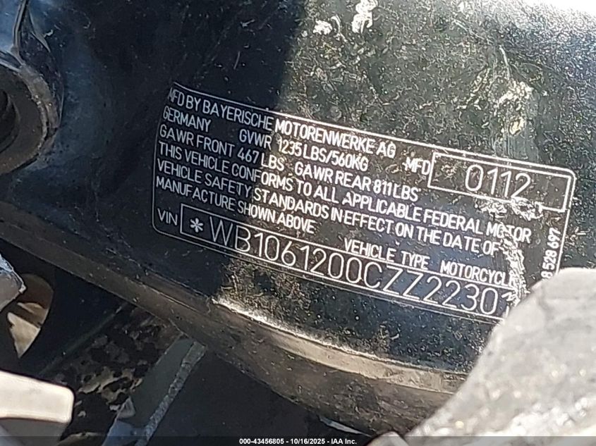 2012 BMW K1600 Gtl VIN: WB1061200CZZ22301 Lot: 43456805