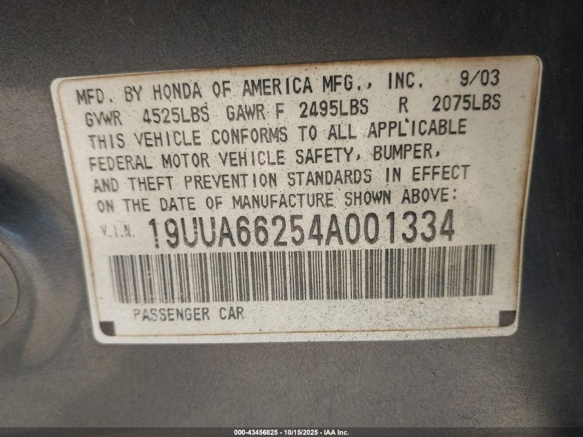 2004 Acura Tl VIN: 19UUA66254A001334 Lot: 43456825