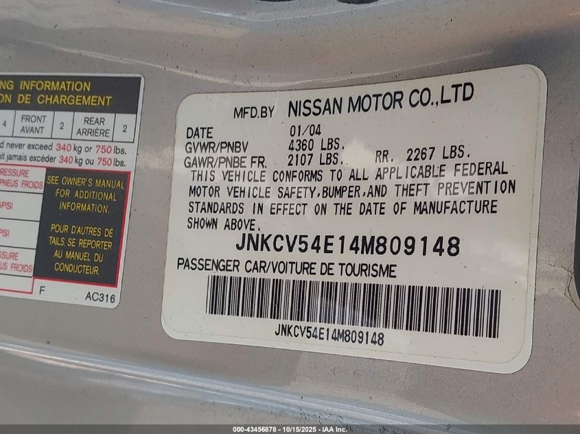 2004 Infiniti G35 VIN: JNKCV54E14M809148 Lot: 43456878