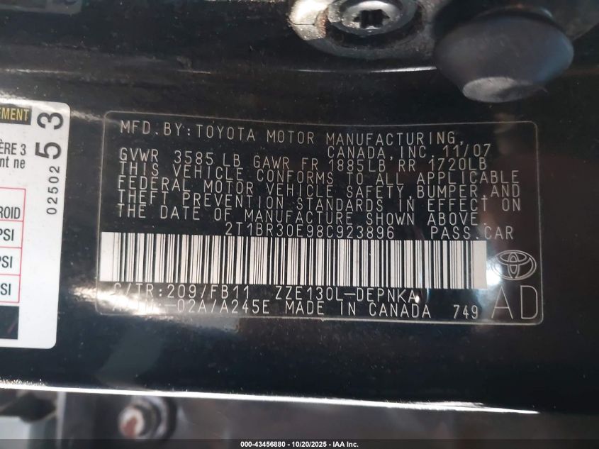 2008 Toyota Corolla Le VIN: 2T1BR30E98C923896 Lot: 43456880